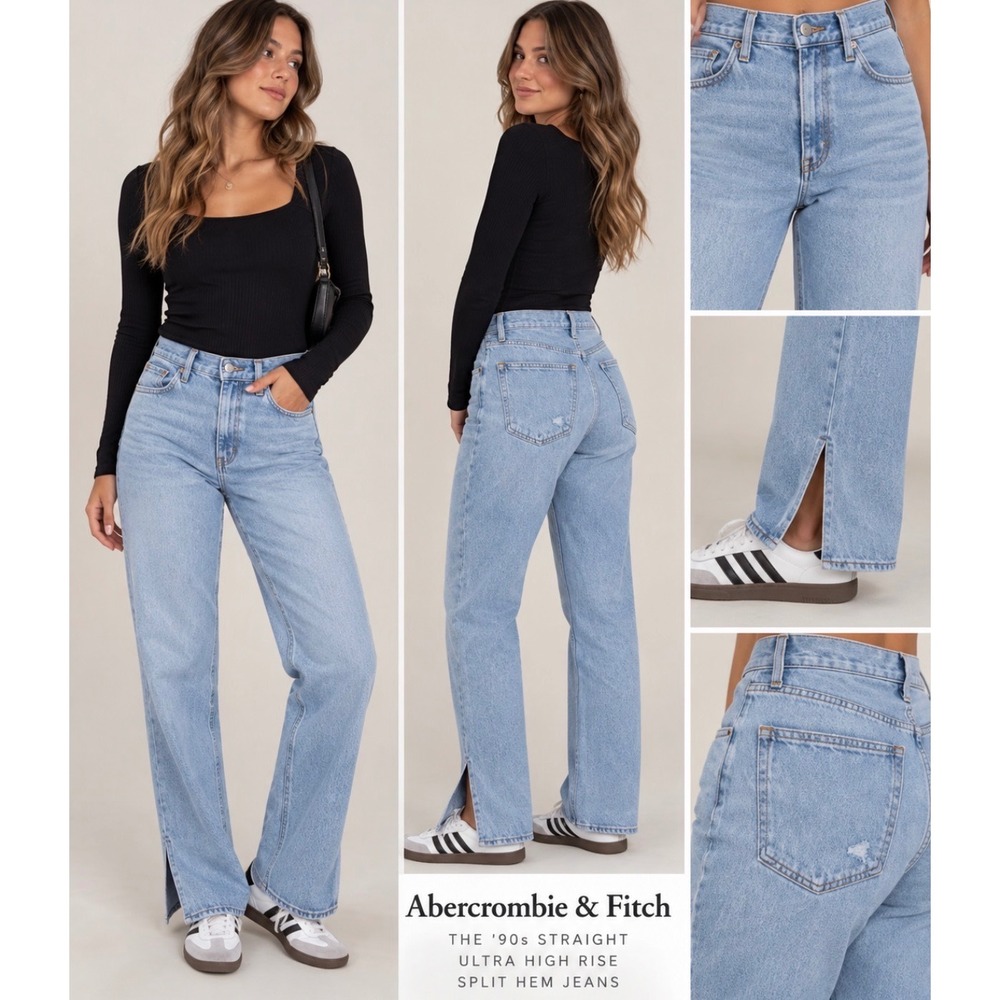 Abercrombie & Fitch 90s Straight Ultra High Rise Split Hem Jeans 27/4 Light Wash